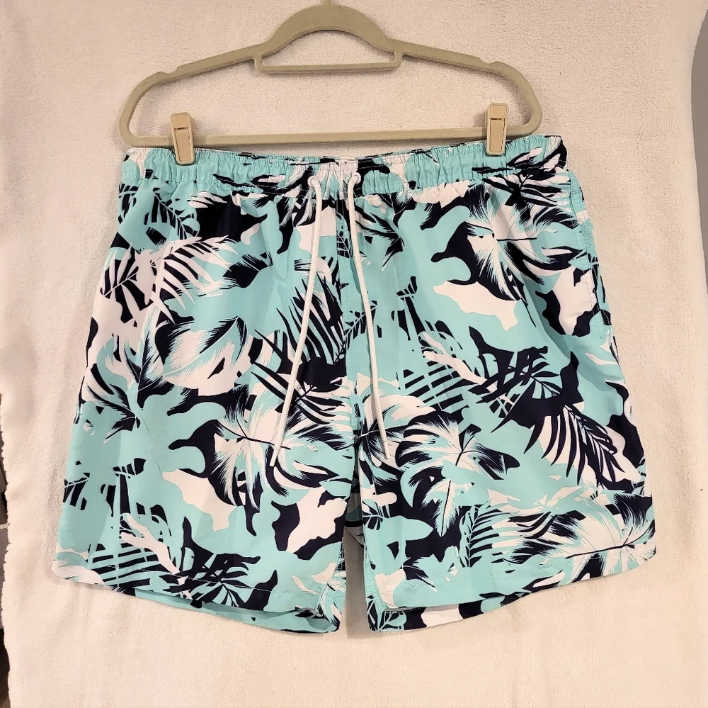 Calvin Klein Mens XXL Swim‎ Trunks Aqua Blue Tropical Drawstring Pockets …